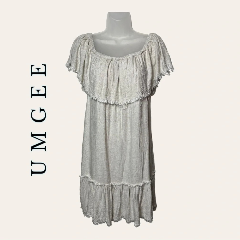 0089. Umgee OFF SHOULDER BOHO MINI DRESS BEIGE IN COLOR SIZE SMALL FRAYED - Picture 1 of 9